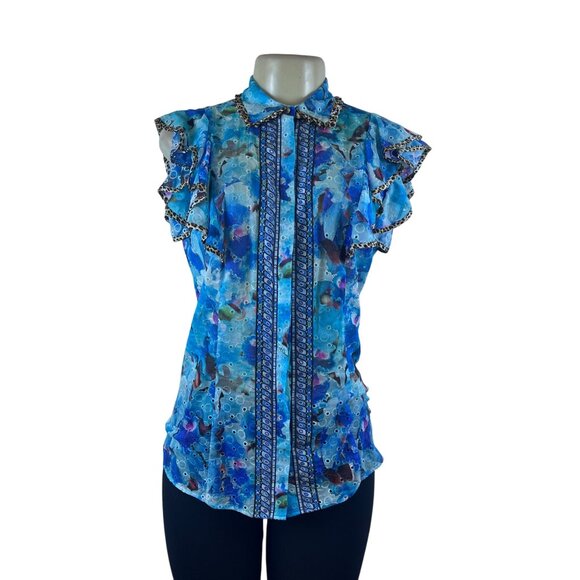 Justcavalli Womens Blue Cotton Printed Blouse Ruffled Sleeves & Leopard Trim 42 - Picture 1 of 9